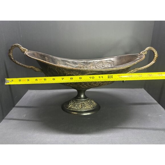 Vintage Brass Table Centerpiece Bowl Pedestal Embossed Fruit with Handles 16" L - Picture 9 of 14